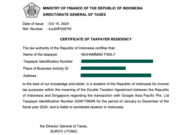 Tampilan Proof-of-Tax-Residency (SKD SPDN atau Certificate of Taxpayer Residency)